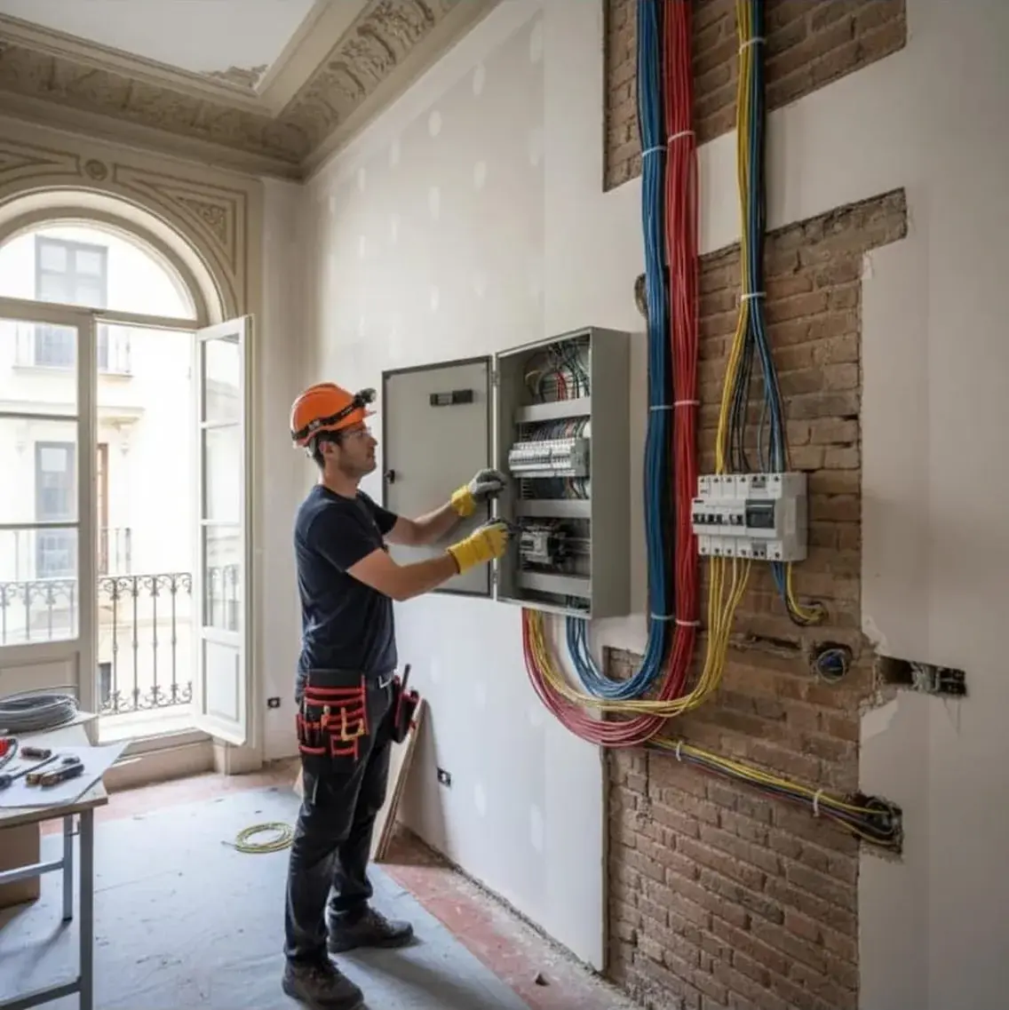 Electricista connectant els cables d'un quadre elèctric en una instal·lació de Girona
