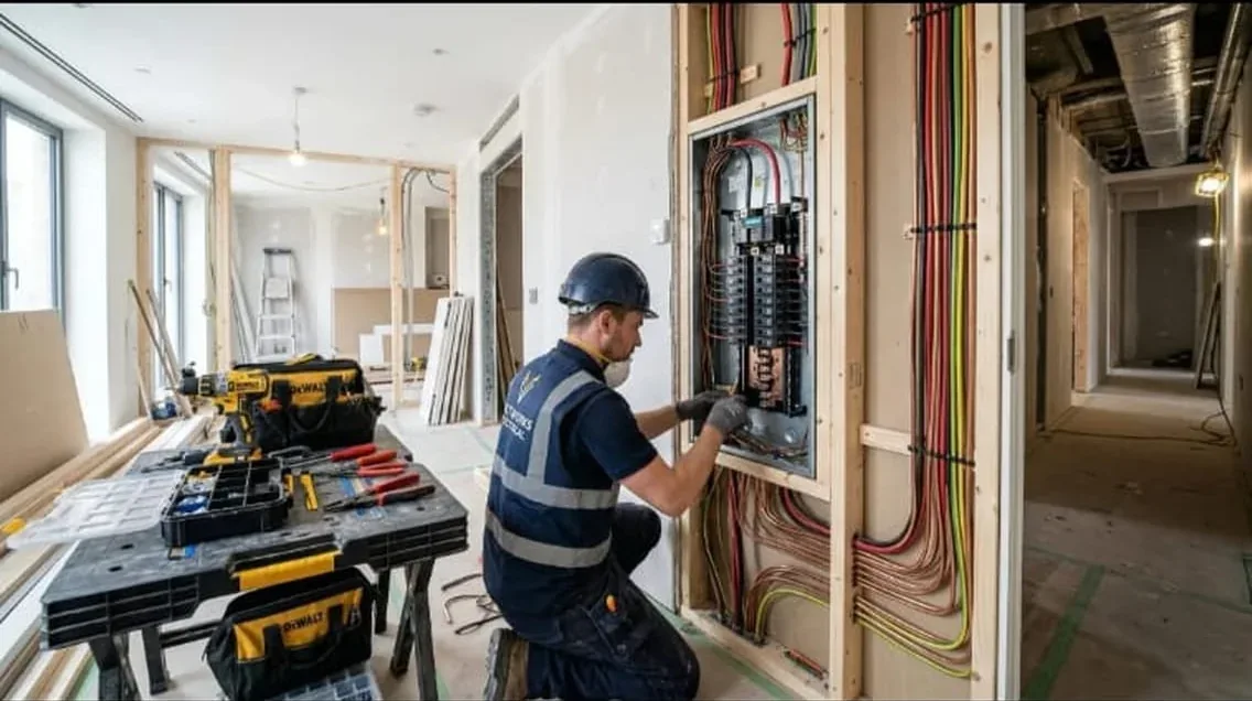 Electricista revisant les proteccions d'un quadre elèctric en una obra de Girona