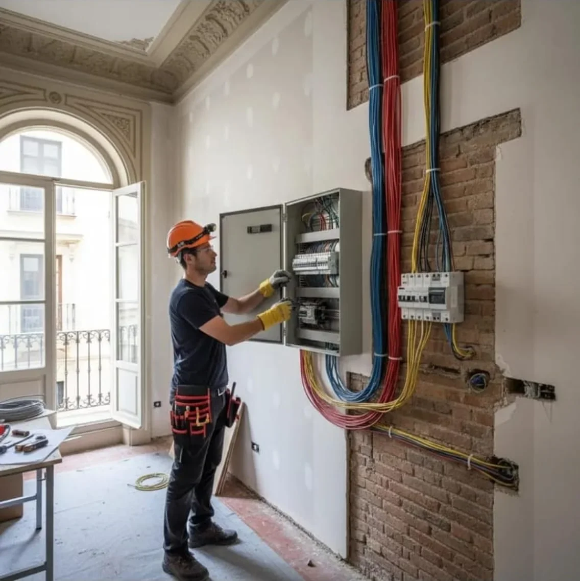 Electricista treballant en un quadre elèctric amb cablejat vist en una reforma de Girona